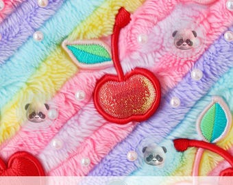 3d Glitter Cherries Rainbow Striped Seamless Pattern, Girly Colorful Prints,  Faux Embroidery Cherry Fruit, Fluffy Textured Digital Paper