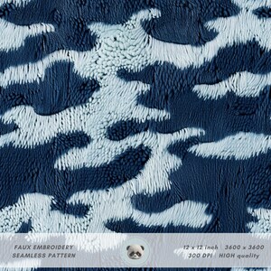 May include: Seamless pattern featuring a faux embroidery design with a blue and light blue color scheme. The design resembles a textured, fluffy surface.