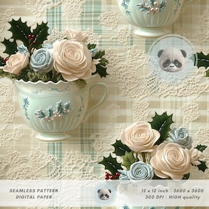 May include: A seamless digital paper design featuring pastel-coloured teacups filled with roses and greenery. The teacups are light blue with floral accents. The design includes a panda illustration and text that reads "12 x 12 inch 3600 x 3600 300 DPI HIGH quality".