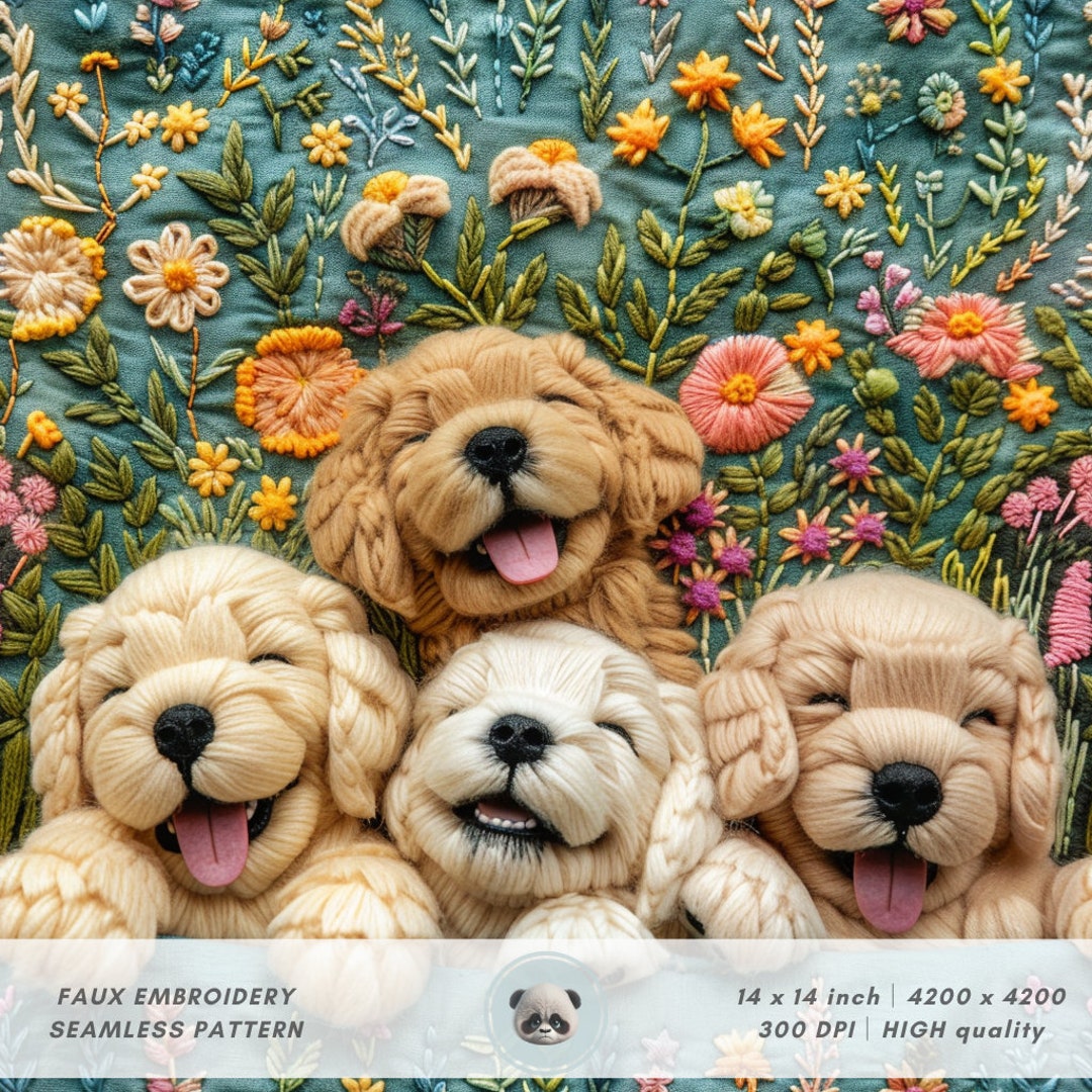 3d Golden Retriever Seamless Pattern, Faux Embroidery Floral Dog Fabric ...