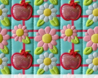 3d Back to School Seamless Pattern, Glitter Red Apple and Daisies, Faux Leather Embroidery Fabric Sublimation, Vibrant Pastel Floral Paper