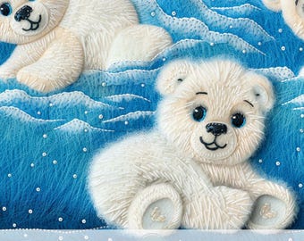 3d Cute Polar Bear Seamless Pattern, Arctic Baby Animal Print, Snowy Scenery, Winter Fabric Sublimation Design, Xmas Kids Crafts, Scrapbook