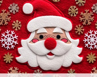 Peut inclure: Papier numérique avec un motif sans couture d'un visage de Père Noël avec un chapeau rouge et une barbe blanche sur un fond rouge avec des flocons de neige dorés et blancs.