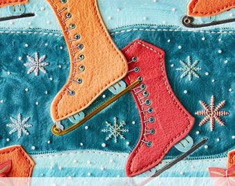3d Ice Skates Seamless Pattern, Faux Felt Embroidery Effect, Christmas Digital Paper, Winter Snowflake, Sublimation Designs Skater Girl Gift