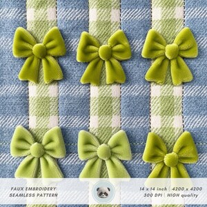 May include: Six green velvet bows with a center knot on a blue and green plaid background. Faux embroidery seamless pattern. 14 x 14 inch, 4200 x 4200, 300 DPI, high quality.