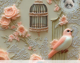 3d Shabby Chic Lace Floral Bird Seamless Pattern, Birdcage Digital Paper for Junk Journal, Romantic Wedding Scrapbook, Floral Ephemera
