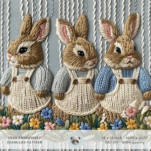 Fichier sans couture 3D de broderie de lapin de ressort, conception de sublimation de tissu de lapins de Pâques de fausse broderie, motif floral imprimable, téléchargement numérique