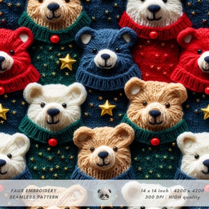 Könnte beinhalten: Ein nahtloses Muster mit verschiedenen gestrickten Teddybären, die Pullover in verschiedenen Farben und Mustern tragen. Der Hintergrund ist dunkelblau mit goldenen Sternen.