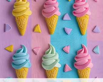 3d Felt Ice Cream Seamless Pattern, Faux Embroidery Felt Sweets Fabric Design, Printable Digital Paper, Fake Cute Food, Tasty Dessert Gift