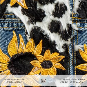 May include: A seamless digital paper pattern featuring a patchwork design of denim, black and white cowhide, and yellow embroidered sunflowers. The pattern is 12 inches by 12 inches and 3600 pixels by 3600 pixels.