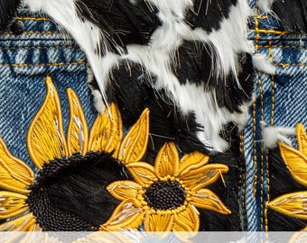 3d Sunflower Faux Fur Cow on Denim Texture Fabric, Seamless Pattern Farm Tumbler Wrap Sublimation Design, Yellow Flower Prints, Cowgirl Gift