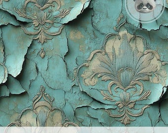 3D-Grunge-Damast-Digital-Papier, Distressed Textur nahtlose Muster, Peeling-Farbe rissige Teal Wand für Vintage Junk Journals & Scrapbook