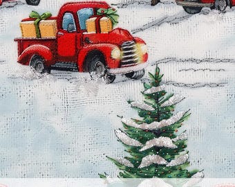 Vintage Christmas Red Truck Seamless Pattern, Retro Pickup Car, Snowy Scenery, Winter Digital Paper, Glitter Xmas Tree, Holiday Printables