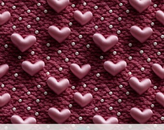 3d Satin Heart and Pearls Seamless Pattern, Faux Embroidery Knitted Fabric, Dark Pink Puffy Heart, Digital Paper, Instant Download, Love Art
