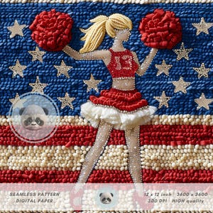 3d USA Cheerleader with Pom Pom Seamless Pattern, Faux Embroidery Sequins Knitted Fabric Design, Cheer Mama Gift, 4th of July, Cheerleading