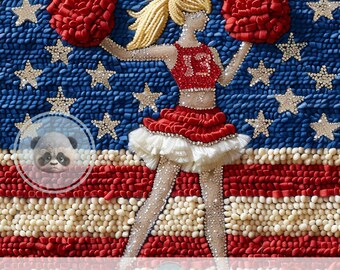 ポンポン付き3D USAチアリーダーシームレスパターン、フェイク刺繍スパンコールニット生地デザイン、チアママギフト、独立記念日、チアリーディング