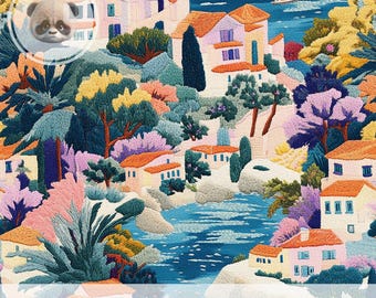3d Embroidered Look Mediterranean Seamless Pattern, Colorful Italy Landscape Digital Paper, Maximalist Art for Fabric, Scrapbook & Journals