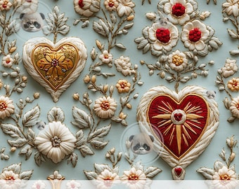 3d Sacred Heart Digital Paper, Vintage Floral Cross Seamless Pattern for Catholic Junk Journal, Religious Scrapbook & Sublimation Design
