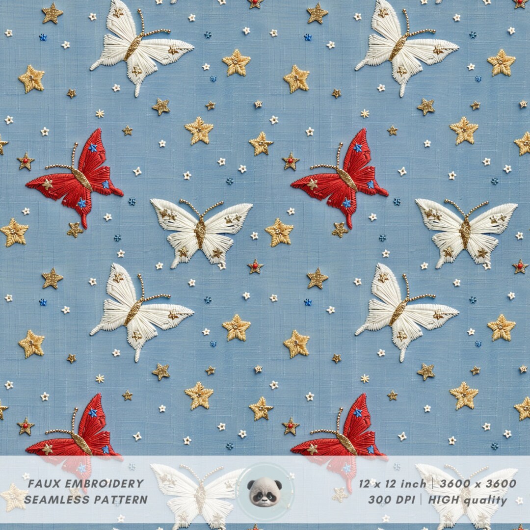 3d 4th of July Butterflies Seamless Pattern, Faux Embroidery Digital ...