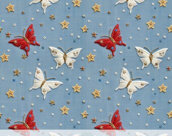 3D独立記念日の蝶のシームレスパターン、ファブリック昇華用フェイク刺繍デジタルペーパー、赤、白、青、USAタンブラーラップデザイン