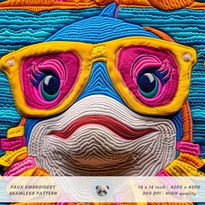 Motif sans couture 3D de dauphin dans des lunettes de soleil rétro, conception de sublimation de tissu rétro de fausse broderie, animaux d'eau de mer, papier numérique d'été
