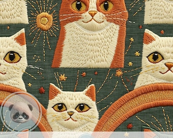 3d Whimsical Retro Cat Digital Paper, Rainbow Seamless Pattern for Scrapbook, Kids Journal Pages, Folk Collage Crafts, Printable Pet Decor