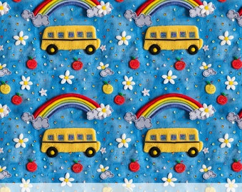 Ônibus amarelo 3D de volta às aulas, bordado com lantejoulas falsas, sublimação de tecido, papel digital com arco-íris floral, maçã e margarida, artesanato de mamãe estudante