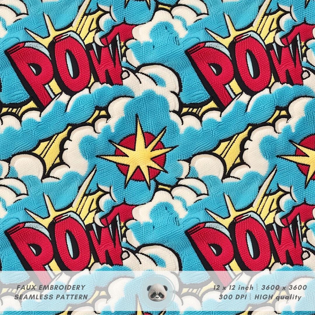 3d POW! Speech Bubble Seamless Pattern, Faux Knit Embroidery Fabric ...