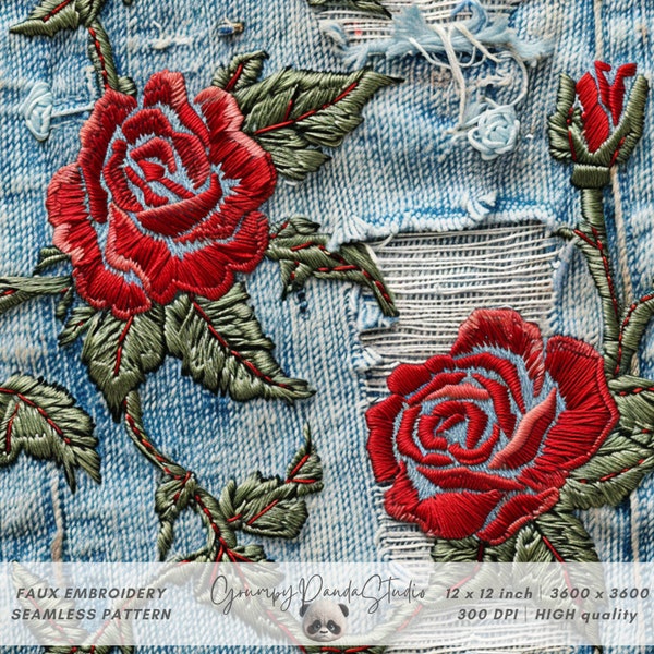 Motif 3D sans couture de fleurs roses rouges sur denim, arrière-plan floral fausse broderie, jeans déchirés en détresse, papier numérique pour impression sur tissu