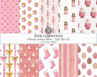 Pink Christmas Digital Paper Set, Watercolor Seamless Pattern Bundle, Girly Xmas Scrapbook Paper, Gold Holiday Crafting, Blush Nutcracker