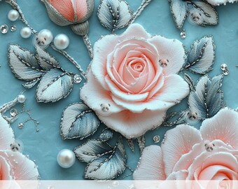 3d Pastel Pink Roses Seamless Pattern, Faux Embroidery Floral Print, Repeating File Spring Fabric Sublimation, Cottagecore Junk Journal File