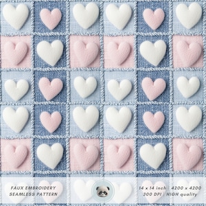 May include: A seamless pattern featuring a repeating design of pink and white felt hearts on a blue denim background. The hearts are arranged in a checkerboard pattern.