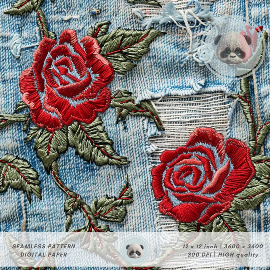 3d Red Rose Flowers on Denim Seamless Pattern, Floral Faux Embroidery ...