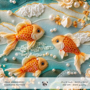 May include: A seamless pattern featuring three embroidered goldfish swimming in a turquoise blue water background with white pearl accents. The goldfish are orange and red with white eyes. The background is decorated with white and green embroidered flowers and leaves.