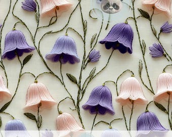 3d Pastel Bellflower Seamless Pattern, Cottagecore Floral Digital Paper, Romantic Purple Pink Embroidery Texture For Spring Journal