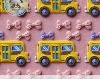 3d Girly Back to School Seamless Pattern, Faux Embroidered Bus Digital Paper, Cute Pink Bow Fabric for Kids Clothes Fabric & Scrapbook