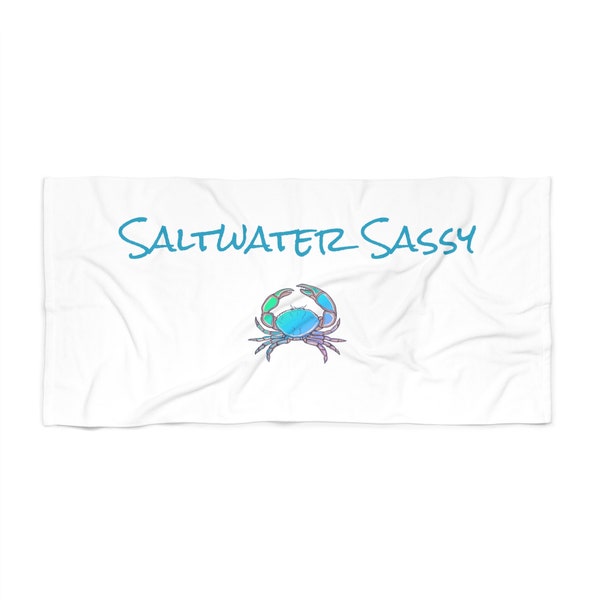 Saltwater Sassy Crab design Beach Towel blue and white gift for mom beach towel summer towel for teen graduation gift towel