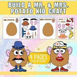 May include: A craft kit with the text "BUILD A MR. & MRS. POTATO KID CRAFT." The kit includes four pages with Mr. and Mrs. Potato Head designs and cut-out accessories. The finished Mr. Potato Head wears a blue hat and mustache.