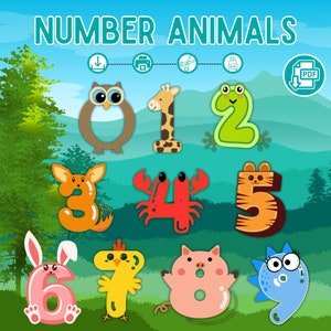 May include: A colorful digital print featuring the words "NUMBER ANIMALS" above cartoon animal-shaped numbers. The numbers 0-9 are designed as an owl, giraffe, frog, fox, crab, tiger, bunny, chick, pig, and a blue sea creature.