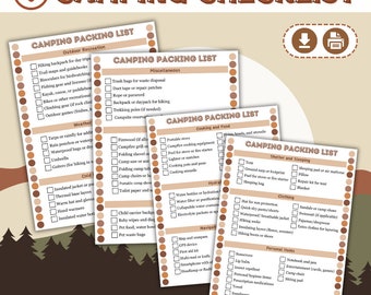 May include: A printable camping checklist document featuring the title CAMPING CHECKLIST and multiple pages titled CAMPING PACKING LIST. The lists include categories like Outdoor Recreation, Miscellaneous, Cooking and Food, and Shelter and Sleeping.