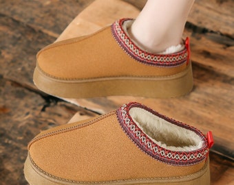 Warm Platform Fur Ankle Boots | Vegan Designer Tazz Slippers | Instagram Influencer Winter Present | Brown Black, Green and Beige Slippers