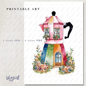 Puede incluir: Ilustración en acuarela de una cafetera diseñada como una casa, con una base de arcoíris y un techo rosa. La imagen incluye el texto "PRINTABLE ART" y "7 sizes JPG / 4 sizes PDF". Whimsical Nest está impreso en la parte inferior.