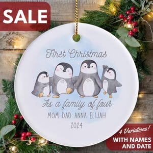 First Christmas as a Family of Four Ornament 2025 with Penguins, Custom Family Keepsake,  Personalized Family Ornament with Names and Year.