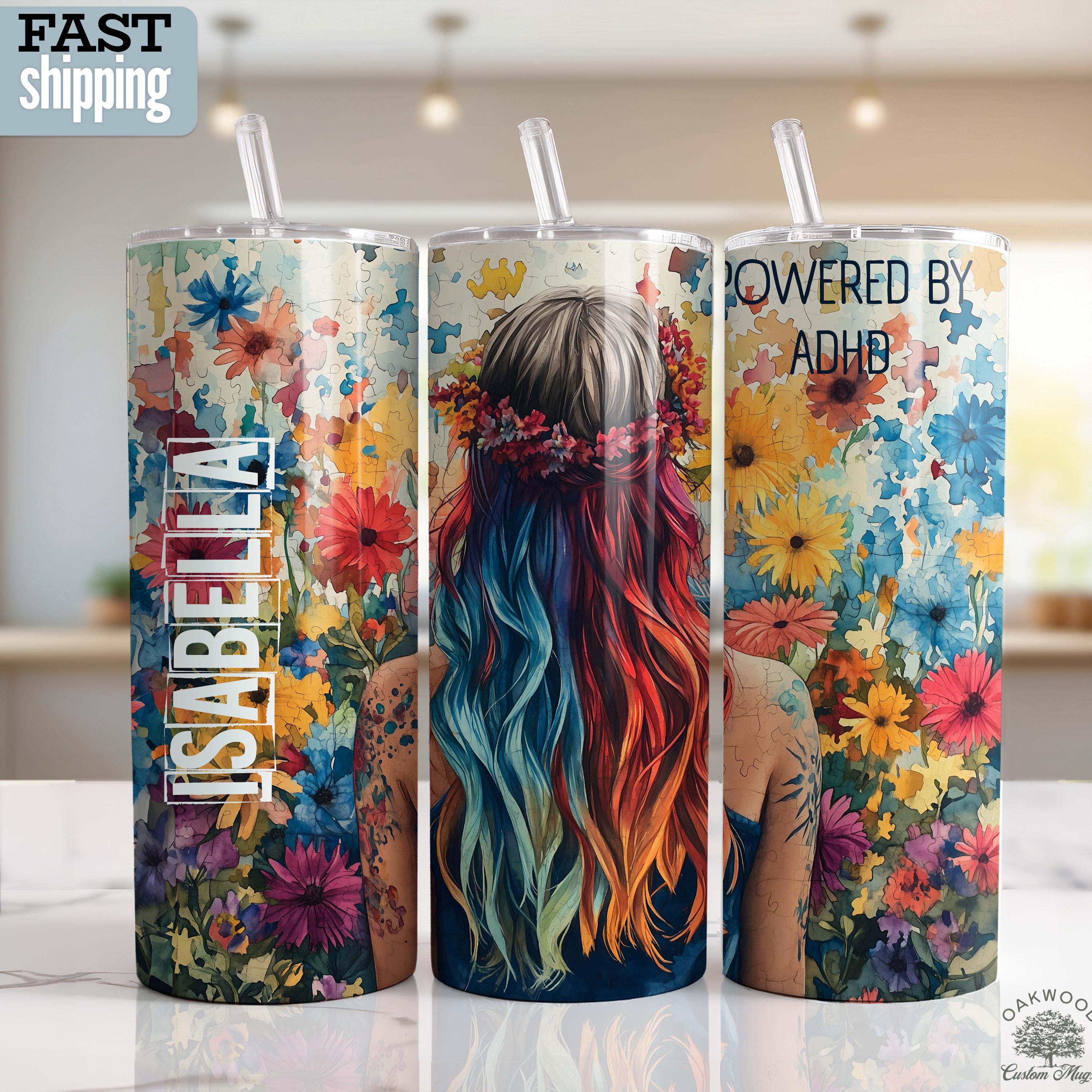Personalized Powered by ADHD Awareness 20oz Skinny Tumbler, Neurodivergent Tumbler, ADHD Skinny Cup with Lid and Straw, ADHD gift