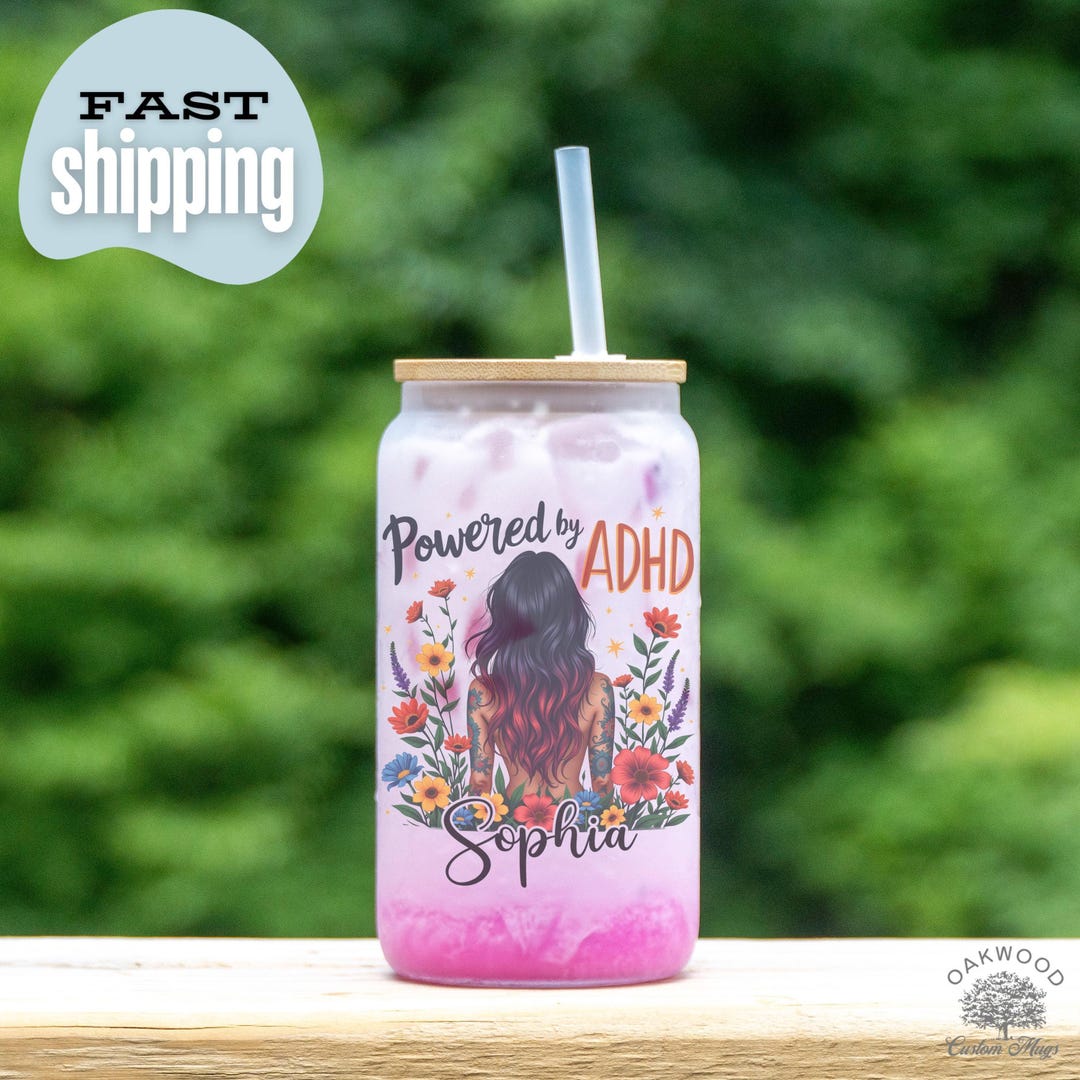 Powered by ADHD Awareness Glass Tumbler, Personalized ADHD Frosted ...