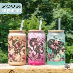 Personalized Messy Bun Mom Pink Awareness Breast Cancer Survivor Glass Tumbler, Awareness Gift for Breast Cancer Survivor Iced Coffee Cup