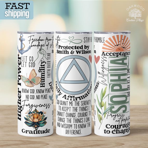 Personalized AA Recovery Affirmations Tumbler, Custom Sobriety Travel Mug, AA Recovery Gift for Recovering Addict, Serenity Sober Skinny Cup