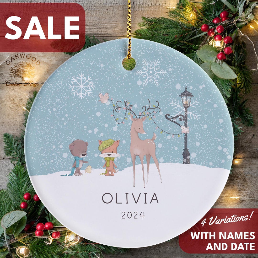 Personalized Boy Name Ornament 2024 Custom Teddy Bear and Fox Christmas