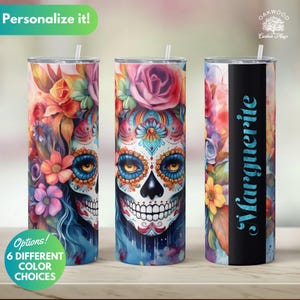 Gobelet tête de mort en sucre personnalisé avec nom, tasse de voyage scintillante tête de mort en sucre avec paille, gobelet d'Halloween personnalisé, tasse de voyage le jour des morts