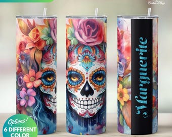 Personalized Sugar Skull Tumbler with Name, Sugar Skull Glitter Travel Cup with Straw, Custom Halloween Tumbler, Day of the Dead Travel Mug